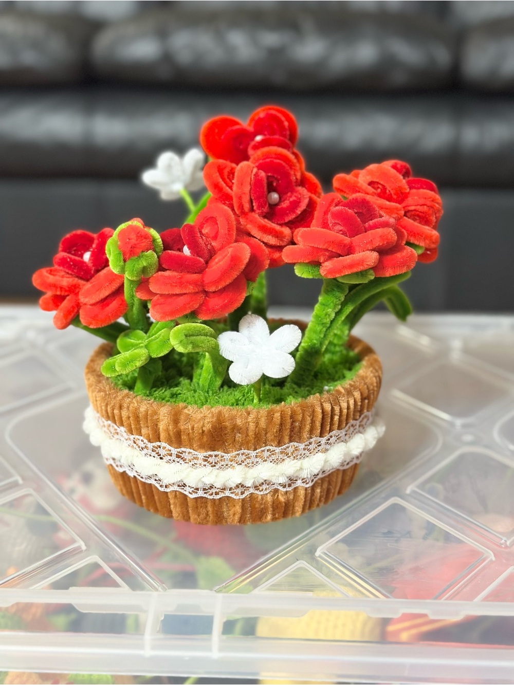 Handmade Red Velvet Flower Arrangement in Brown Lace Pot